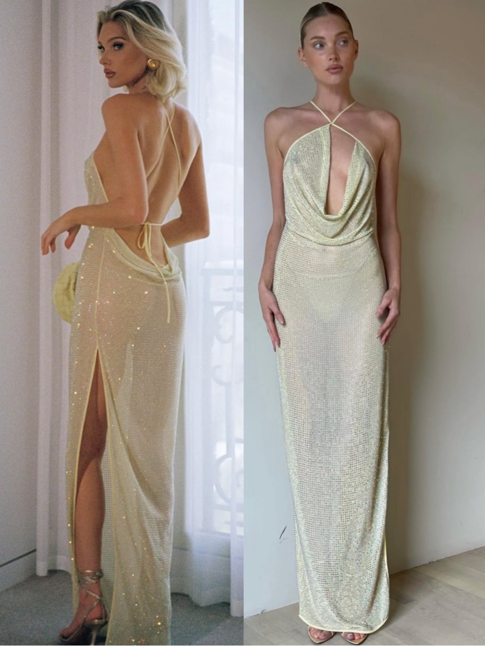 Helsa Marta Gown Pale Yellow Size Large Elsa Hosk Atelier Rare Beaded Maxi Dress